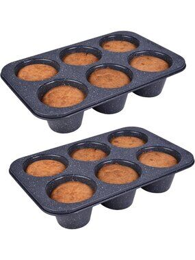 2-Piece Jumbo Deep Muffin Pan Set - 6-Cavity Carbon Steel Baking Tray for